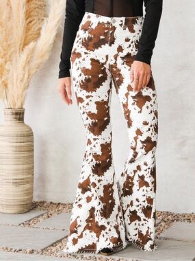 High-Waist Brown Cowprint Boot Cut Pants for Women